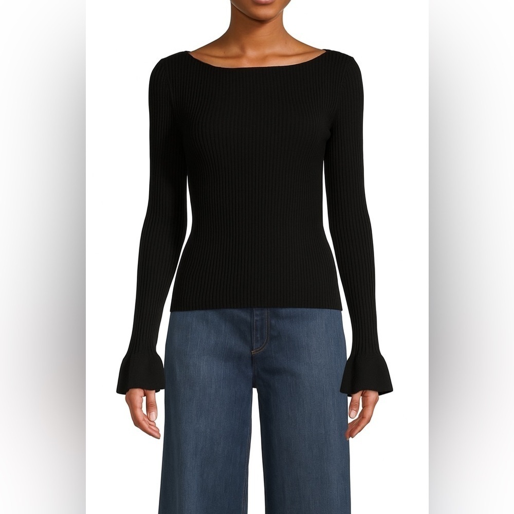 Theory Ribbed Black Boatneck Sweater Bell Sleeves Medium Whimsigoth Minimal Chic